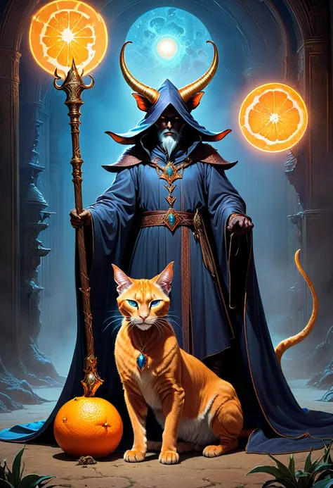 Award-winning wallpaper, masterpiece, long focal length photo, A dark fantasy painting in the style of Jean Giraud Moebius of an evil wizard with horns and mask, holding a staff over his pet orange puma cat lying on the ground. The scene is lit up by white...