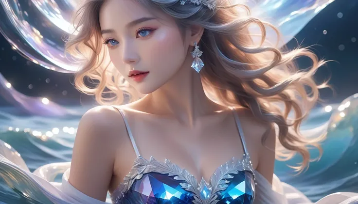 A Visual Marvel In 32K Resolution, Flawless Quality, Precision Detailing, Official Artwork, High-Resolution 32K Design, Captivating Cinematic Lighting, Graceful And Elegant, With Astonishing Intricacies. A Girl Figure With Glowing, Glassy Skin, An Icy Expr...