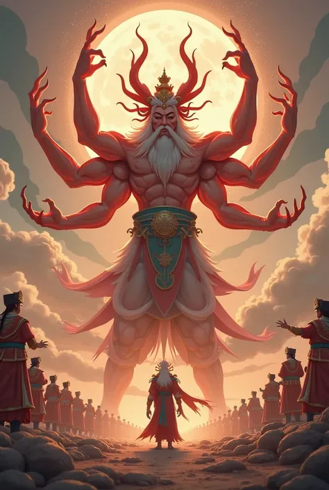 The image of Nezha in Chinese mythology，Three heads and eight arms，Hot Wheels，There is a mixed sky silk on the back，Standing next to him is the Pagoda-Bearing Li Tianwang，There are countless heavenly soldiers and generals behind him，A grand spectacle。