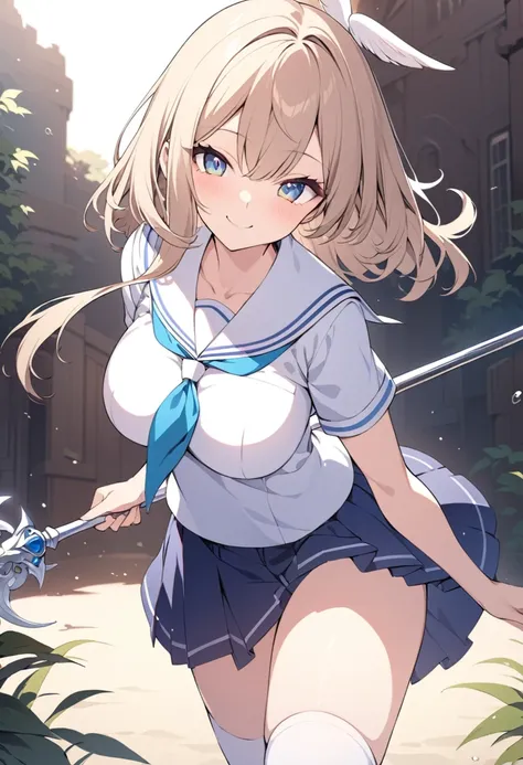 ((masterpiece)), (((best_quality))), ((ultra-detailed_illustration)), solo,  beautiful_detailed_glow, beautiful_detailed_eyes, large_breasts, beautiful_detailed_girl,
((valkyrie:2, holding_rapier:2, summer uniform, serafuku:2, skirt, kneehighs, short sleev...