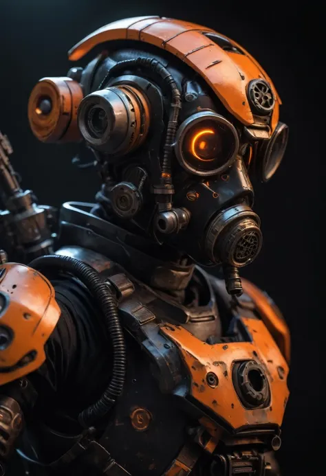 a futuristic enforcement automaton, one glowing eye, gas mask, antenna on head, black and orange armor, mecha, holding a rifle, 2 meters tall, dark background, cinematic lighting, dramatic angles, photorealistic, highly detailed, 8k, masterpiece