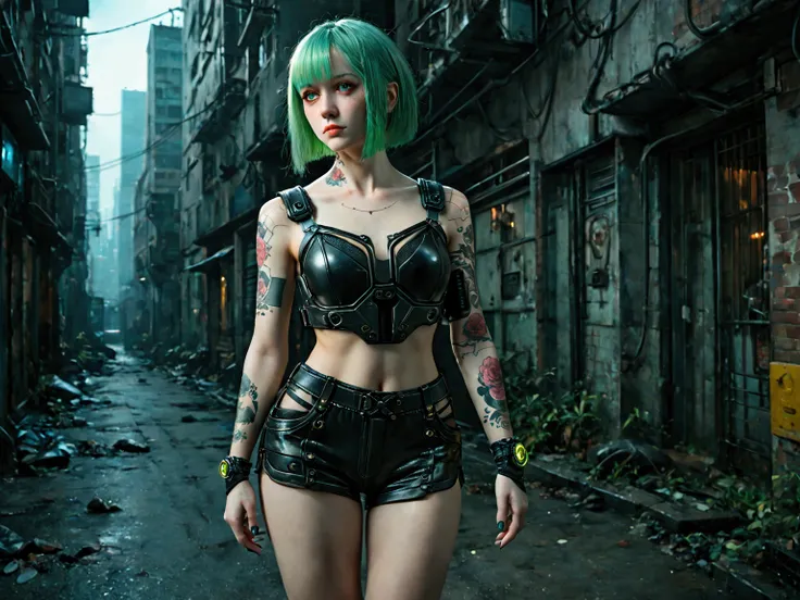 realistic image. wide shot, we see the whole body. it is in the middle of the image, deeper, not in the foreground.
young woman 20 years old with armored shorts and transparent white cyberpunk style top.
She is in a dark alley in a futuristic city. she wat...