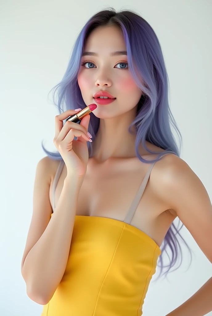 Very detailed, Very realistic, Hyperrealism, Ultra-realistic, (masterpiece, Stylish eyes with attention to detail: 1.2), (cute), 15, Lipstick advertisement, Sleeveless, Transparent yellow tube top, Girly Style, Fashion studio white background, (Full body p...