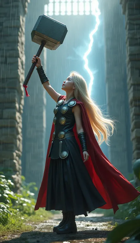 very realistic, ,beautiful,Japanese,twelve years,dressed as Thor,pale skin,blonde, Lifting the Mjolnir upwards, lightning falling on hammer,rain,sunruin,