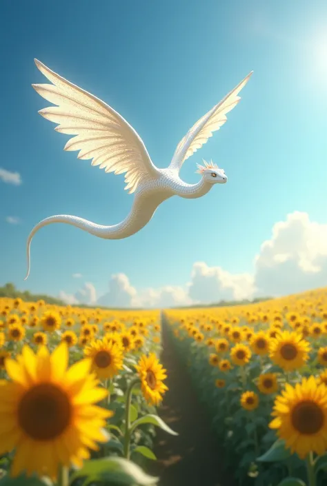 Sunflower field spreading all over。A white snake with wings flying in the blue sky