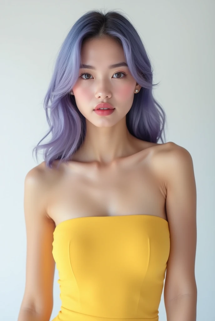 Very detailed, Very realistic, Hyperrealism, Ultra-realistic, (masterpiece, Stylish eyes with attention to detail: 1.2), (cute), 15, Lipstick advertisement, Sleeveless, Transparent yellow tube top, Girly Style, Fashion studio white background, (Full body p...