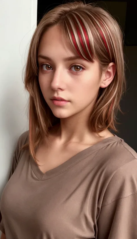 I created a light-haired girl with brown hair but with straight red highlights, brown eyes, approximately 30 years old gray t-shirt