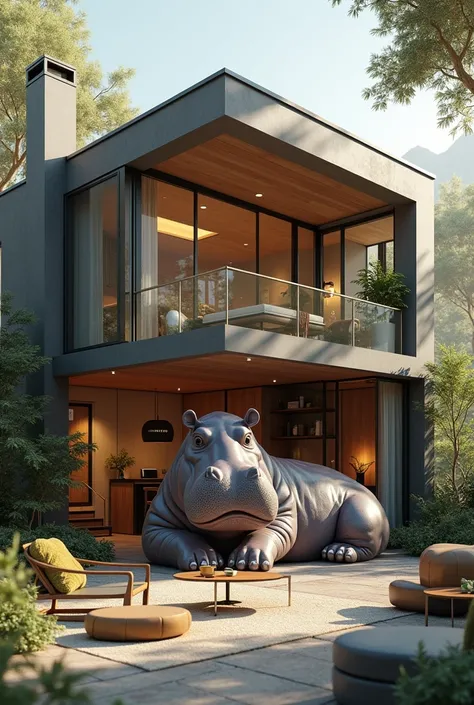 Picture with a 3D house and a hippopotamus inside