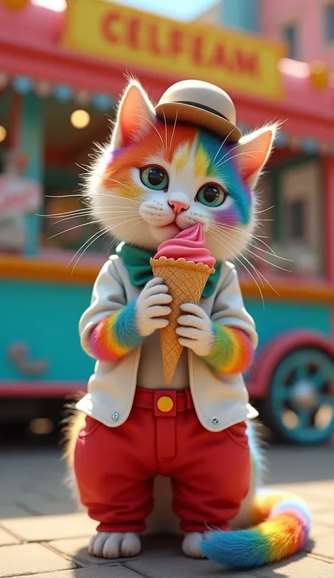 Make a picture of a rainbow colored cat, wearing an elementary school uniform (white shirt, red pants), and a hat, eating ice cream, with an ice cream sellers car in the background. With super HD quality, realistic, cinematic 8k