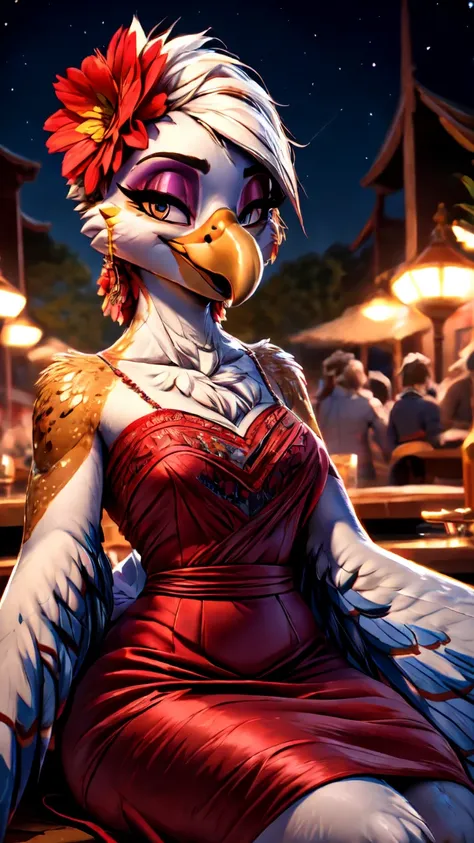 ((jewelry)),((full body)),(((anthro Griffin))),(((Bar))),((Lover-like relationship)),((racy Dress)),smile,((flower hair ornament)),female, ((((winged-arms)))),((sitting)),((wine bottle)),portrait, Medium breasts, beak,cute,Super high quality,masterpiece,he...