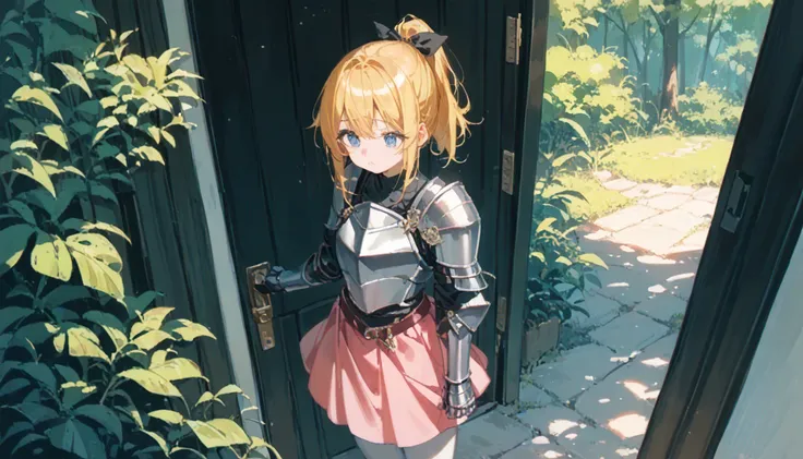 (Golden Hair,, Shiny blue eyes、Simple face contour、black ribbon hair accessory, ponytail、)、(Silver Armor、Pink Skirt,（white）Pantyhose),（The Forest、dark、Entrance of the house）、She is bowing at the entrance