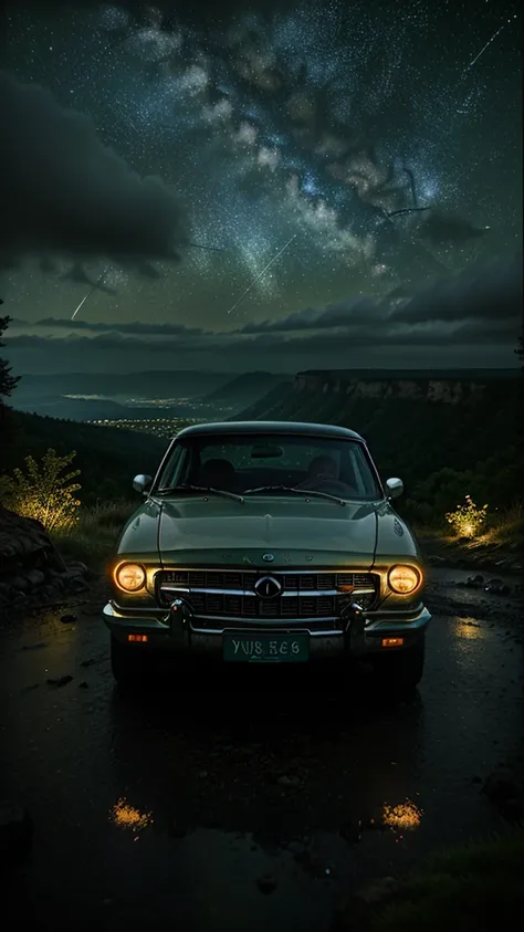 old car parked on a cliff, lights on, night, stars, mountains view, forest, cosy, rainy, galaxy, planets, realism