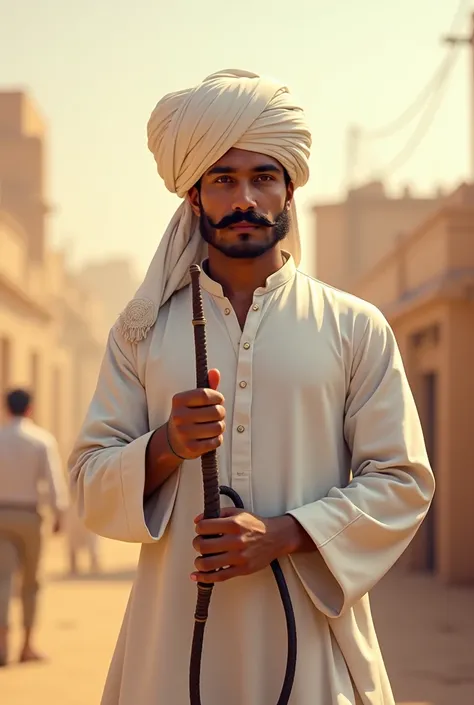 A rajasthani young man wearing white kurta dhoti and white pagdi also and his moustache are so big and picked up hookah