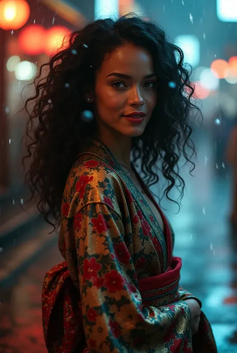 Rihanna lookalike girl with blue eyes and curly hair, wearing kimono in the rain at night smiling