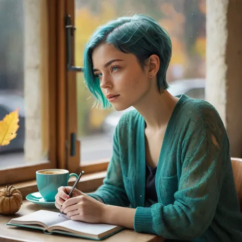 Woman, 20 years old, Nordic ethnicity, short blue hair with a perfect face and light freckles, blue-green eyes, contemplative expression. She’s sitting at a café window, sipping coffee and scribbling lyrics in a notebook. Sunlight pours through the window,...