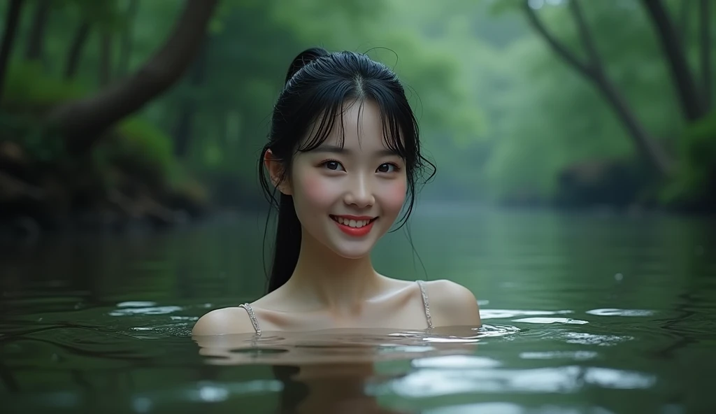 a beautiful korean woman, half submerged in water, sitting in a river, her wet black hair tied in a ponytail, bright smile, night forest background, best quality, highly detailed, photorealistic, 8k, hdr, professional, vivid colors, physically-based render...