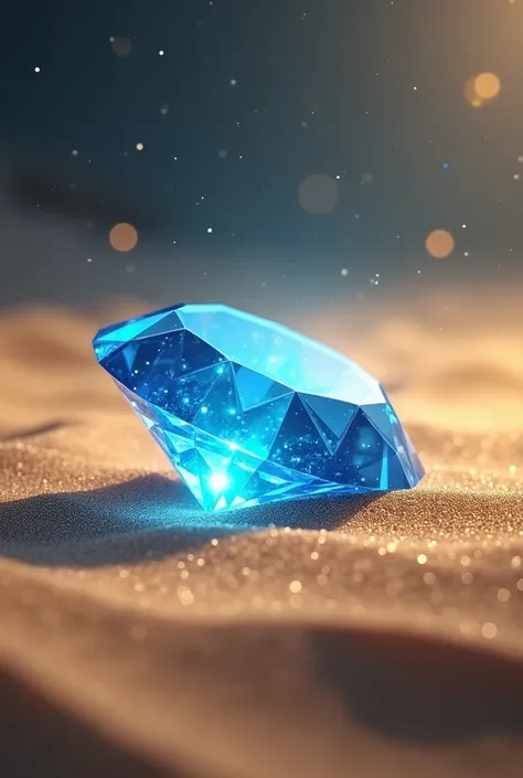 A blue bright crystalic diamond shinning bright on a sandy surface. This blue light is so bright its rays radiate the whole space