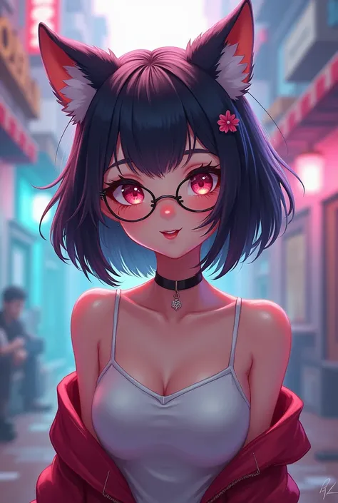 Cute Busty Girl Wolf Cut Glasses Cheeks Anime