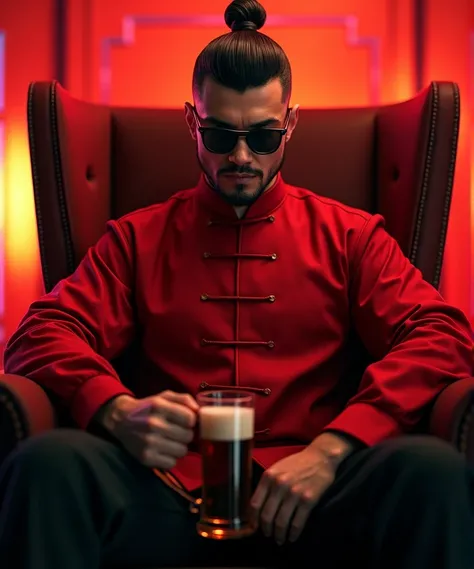 Brutal, handsome man 45 years under cut black -brown hair, wearing sunglasses, Chinese traditional red shirt and black pants, mug of beer, sitting on luxurious armchair, red atmosphere 