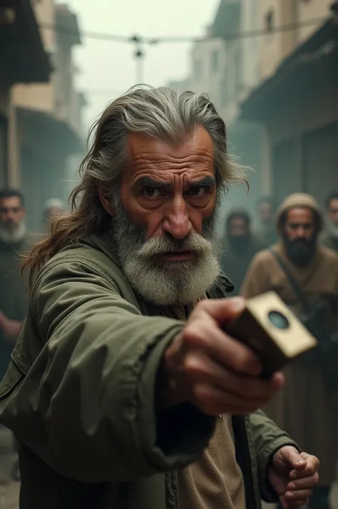 The scene appears to be set in a chaotic and dangerous environment. There is an old Arabic man who looks fearful, suggesting that he is in a state of distress or anxiety. He is holding a pager in his hand, which is an unusual object to hold, especially in ...