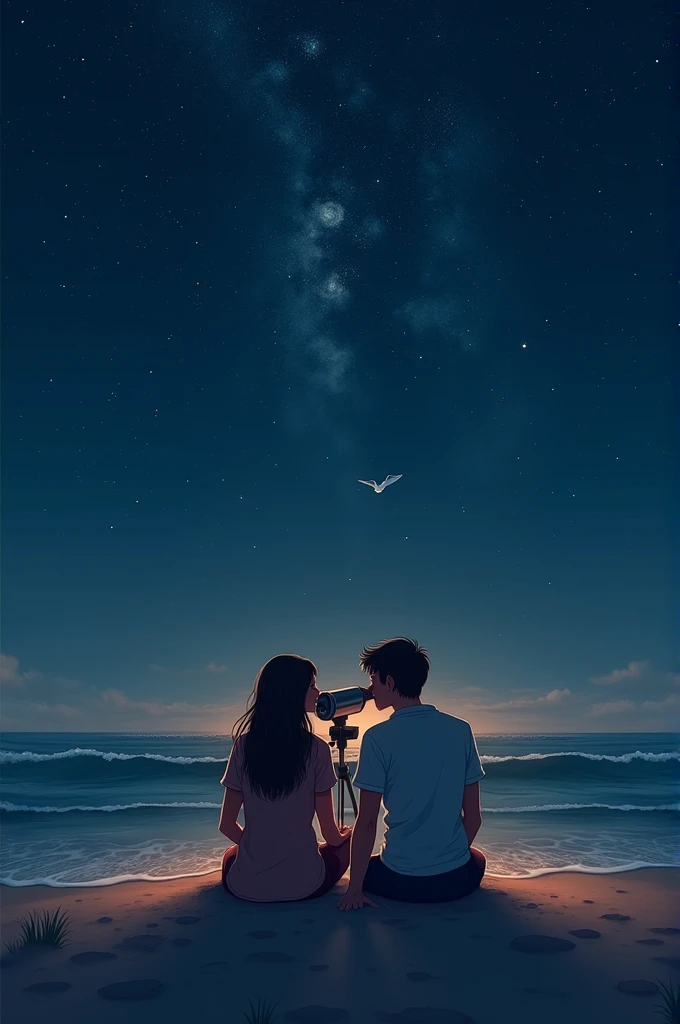 Scene 2: Building Connection
Prompt: "A young couple sitting on the sand at the beach, looking through a telescope together. The night sky is full of bright stars and constellations, with gentle waves in the background