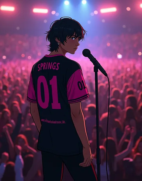 sold out stadium concert, rock concert, night, pov from the stage to the crowd, weisser dünner American teen male 20 jahre alt mit mittellangen schwarzen haaren schaut in die camera, mit black pink jersey pullover mit "01" on the sleeve and "springs" on th...