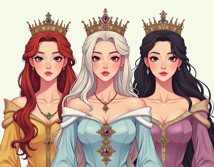 ((Korean comics)), Three beautiful queens gazing enchantedly at the camera, The Snow Queen, the Moon Queen and the Flower Queen, Formal Wear, crown, Thick outline, Flat Color