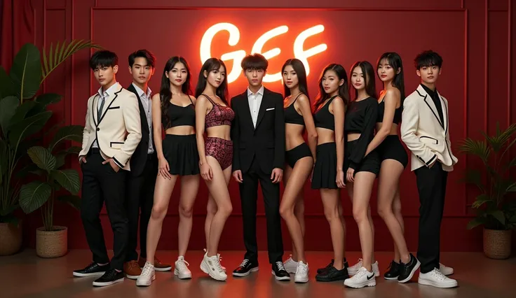 a group of 12 young people, 8 handsome men, 4 beautiful and cute Korean Sporty idol women, luxury photo studio pose and place, with "GEF" background name sign at backdrop, highly detailed, photorealistic, 8k, exquisite lighting, cinematic composition, vivi...