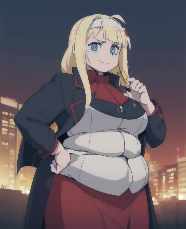 ((best quality, 4k, 8k, anime girl, masterpiece)), ((((beautiful extremely detailed face, beautiful eyes)))), cinematic lighting, perfect anatomy, ((alice synthesis thirty)), (((chubby, SSBBW, very obese))), (((tight buttoned coat, long skirt, JK uniform))...