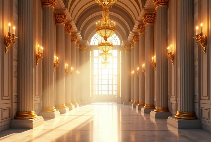 A grand, sunlit hallway with tall columns adorned with intricate gold accents. The ceiling is arched, with large, ornate chandeliers hanging down, adding elegance to the space. The walls feature sconces that emit soft, warm light, complementing the natural...