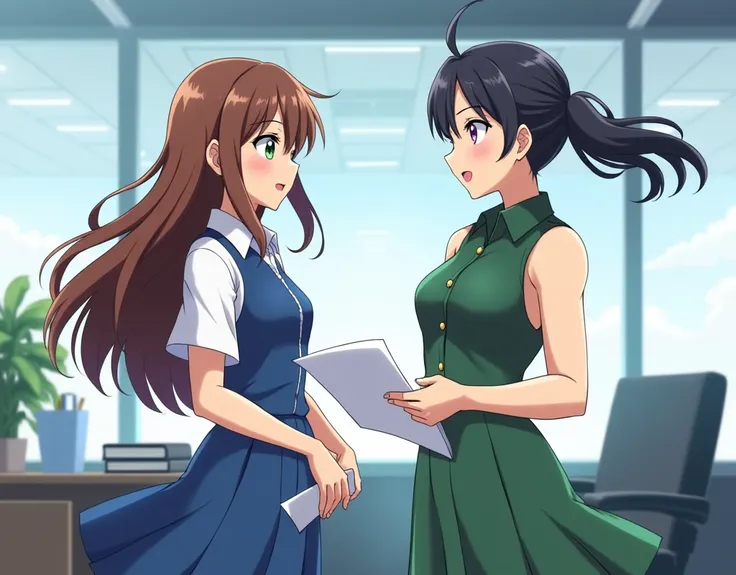 anime woman, cute, brown hair, green eyes, long hair, blue sleeveless dress above shirt, knee length hemline, white short sleeved shirt underneath dress, with collars, in an office. 

next to another woman, wearing sleeveless green dress, buttoned, collare...