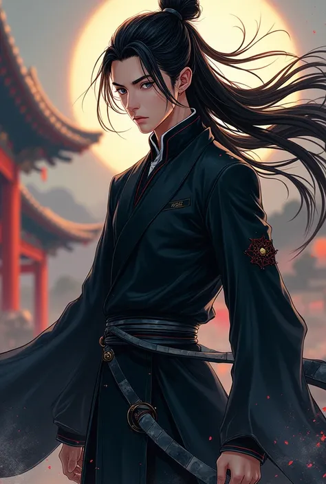 Make a murim manhwa character, with long black hair back, has black eyes, He is wearing a black outfit with gray details of a murim cultivator , he is a handsome 30 year old man. I want the anime style character