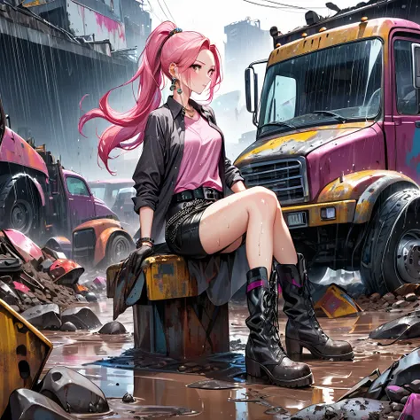 dynamic colourful abstract painting. a wet junkyard with huge piles of rusty trucks and scrap, rocks in the ground. an elegant Chinese woman in her 30s with long pink hair in a ponytail, earrings, silver jewellery, dirty loose pink shirt, black leather min...