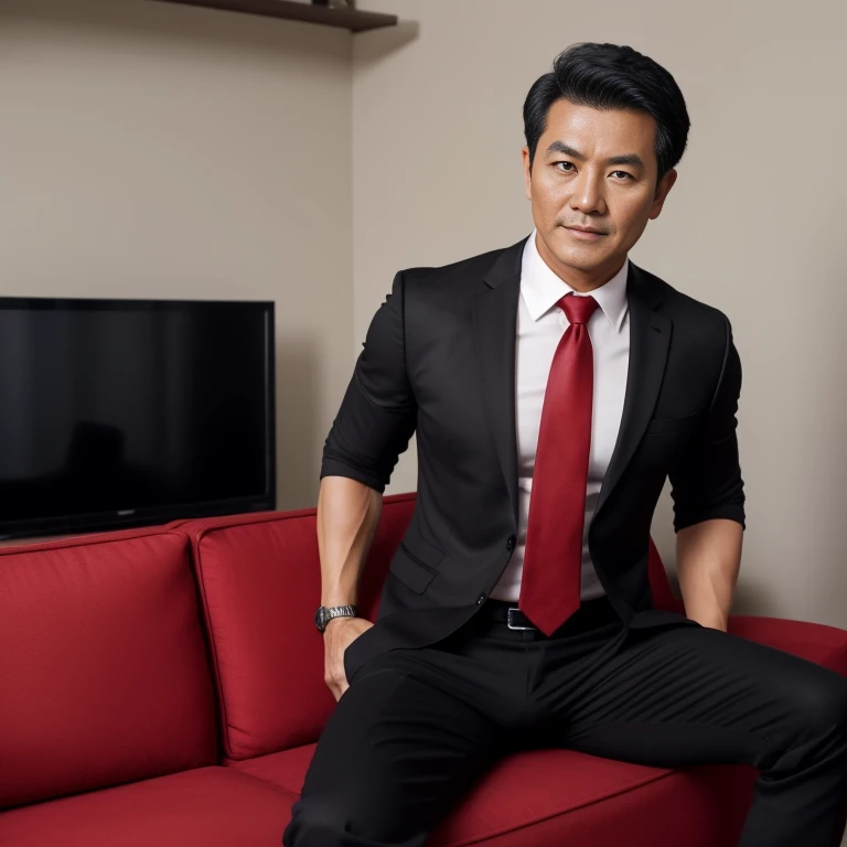 50 years old,One Man,、Muscular、Black Shirt、Red tie、black slim pants、bedroom ,sofa、sit、Black Hair、Very short perm。Very short hair、　Asian Face　Stubble、The crotch area of my pants is bulging　