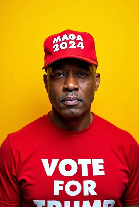 Don Lemon in pride red hat says MAGA 2024 and red shirt says VOTE FOR TRUMP with yellow background, make it in high quality picture.