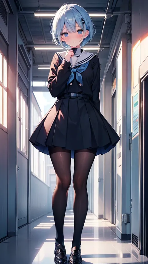 (Best Quality,Very detailed,High school girl,low length,Black tights,Embarrassed face,White Eyes,Round eyes,Big tears flowing from my eyes)Blue Hair,Short Hair,cute,Wear a high school uniform,blue eyes,Her eyes are round and white,Her highlights are bright...