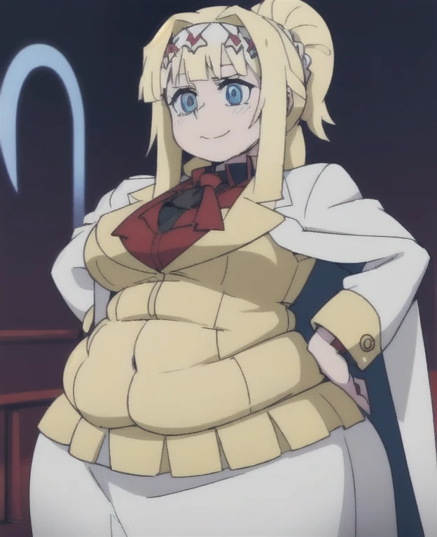 ((best quality, 4k, 8k, anime girl, masterpiece)), ((((beautiful extremely detailed face, beautiful eyes)))), cinematic lighting, perfect anatomy, ((alice synthesis thirty)), (((chubby, SSBBW, very obese))), (((tight buttoned coat, long skirt, JK uniform))...