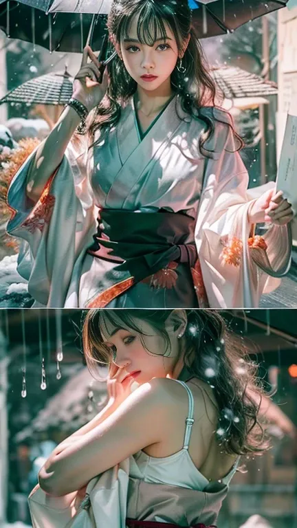 (RAW shooting, Photoreal:1.5, 8K, highest quality, masterpiece, ultra high resolution), ((((heavy snow, Blizzard)))), Highly detailed skin and facial textures:1.3, perfect dynamic composition:1.2, (In front of a shrine at night in a modern city, expression...