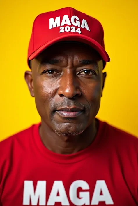 Don Lemon in white skin in pride red hat says MAGA 2024 and red shirt says VOTE FOR TRUMP with yellow background, make it in high quality picture.