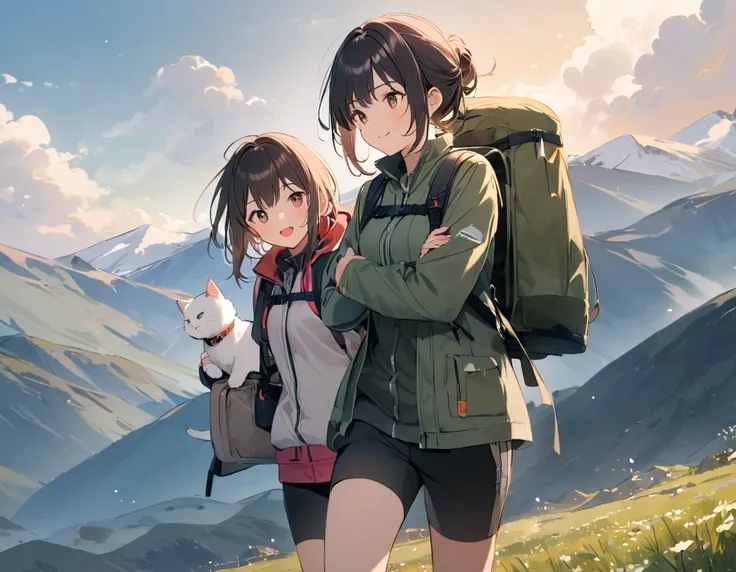 ((Best Quality))、((excellent))、(detailed)、8k、((Best Quality))、((excellent))、(detailed)、8k、「Woman hiking in the mountains with her fluffy cat。Wearing outdoor gear、Carrying a backpack on one&#39;s shoulders、背の高い松のtree々I am walking along a path surrounded by。...