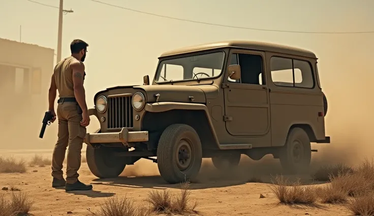 Is photo mein jo gadi dikh rahi hai, aisa lagta hai jaise ye ek thodi purani aur khatara halat mein hai. Gadi dusty terrain par khadi hai, aur yeh impression de raha hai ki shayad isme koi mechanical problem hai ya phir yeh pichle kuch waqt se idle padhi h...