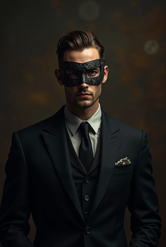 A handsome man wearing a mask with a black &quot;L&quot; pattern 