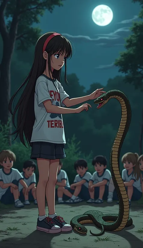 Beyond Terrible A  is playing with a moving snake, and the snake is also moving and the name of the snake is Cobra and the girl is wearing Beyond Terrible clothes and there are many Beyond Terrible people sitting in the background and it is night and the m...