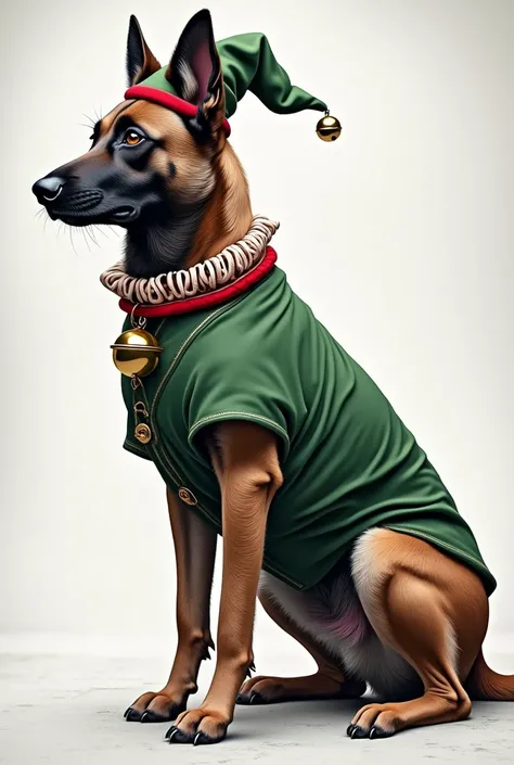 beautiful malinois with big eyes as Christmas elf pointed hat and bell on collar in Peaky Blinders style as coloring picture in black and white 