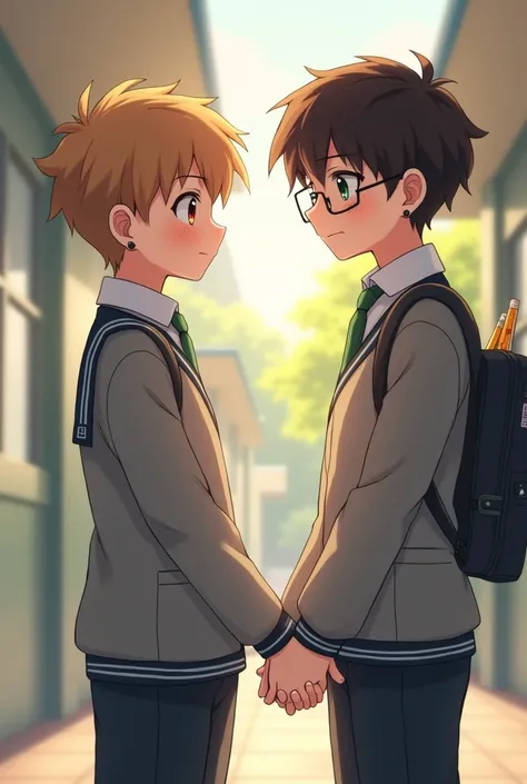 Boy with light brown hair and a cut similar to the book, of average height, grey school uniform, both ears pierced with small dot hoops, Light honey-colored skin and brown eyes. Holding hands with a tall boy, dark brown curly hair (at shoulder height), gre...