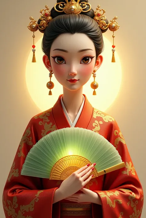 A standing, human-like female figure in a modern, stylized interpretation with the appearance of a mature adult, evoking the mysterious and regal presence of an ancient queen, similar to Himiko. The woman’s face features high cheekbones and almond-shaped e...