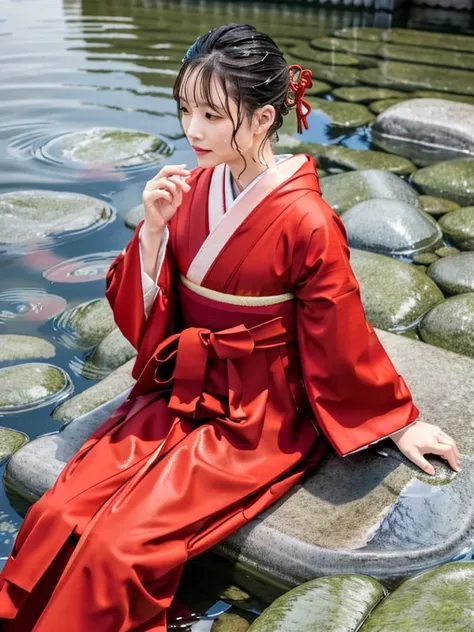 Realistic, long-sleeved kimono, hakama, long hakama, long long-sleeved kimono, wet clothes, soaking wet clothes, wet and shiny clothes, clothes with a wet texture, clothes that stick to the body, immersing in a river, lying down in a river