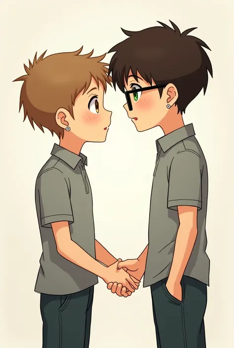 Boy with light brown hair and a cut similar to the book, of average height, grey school uniform, both ears pierced with small dot hoops, Light honey-colored skin and brown eyes. Holding hands with a tall boy, dark brown curly hair (at shoulder height), gre...