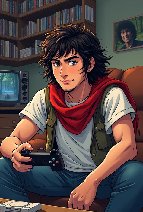 "An anime-style mini caricature of Rambo sitting on a couch in a gaming room, focused but enjoying playing a PlayStation 1. He has a youthful yet rugged look, with a strong jawline and defined cheekbones, capturing the essence do Rambo dos filmes. Rambo we...