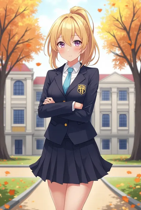 Draw Navia, personagem de Genshin Impact, wearing a modern school uniform. The uniform consists of a navy blue pleated skirt, a white long-sleeved shirt with a light blue tie, and a blazer with a fictional school&#39;s crest on the chest. Navia&#39;s blond...